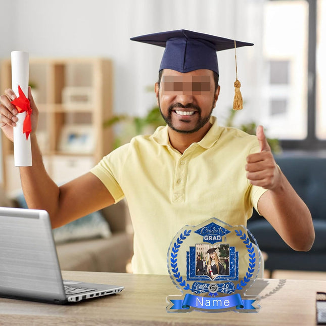 UUBAO Customized Graduation Plaque with Single Picture Custom Picture 2025 Congrats Grad Crystal Desktop Farewell Keepsake Gift (Blue and Silver)