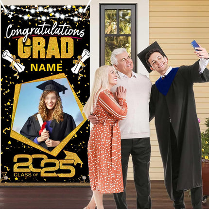 UUBAO Custom Graduation Party Decorations Personalization Banner Class of 2025 Backdrop Door Cover (Black and Gold)