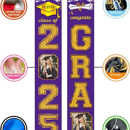 UUBAO Custom Graduation Party Decorations 2025 Personalization Congrats Grad Banner Graduation Front Door Porch Sign Backdrop(Purple and Gold)