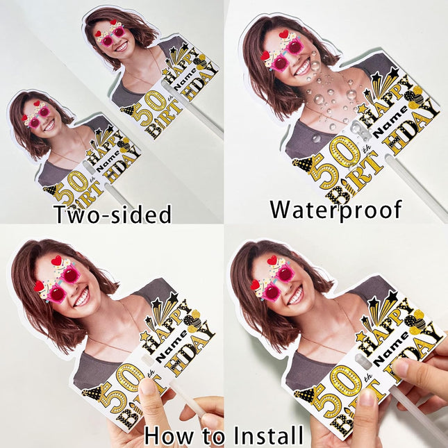 UUBAO Custom Happy Birthday Face Cutout Fans Personalized Photo Prop Signs for Birthday Party(Black and Gold)