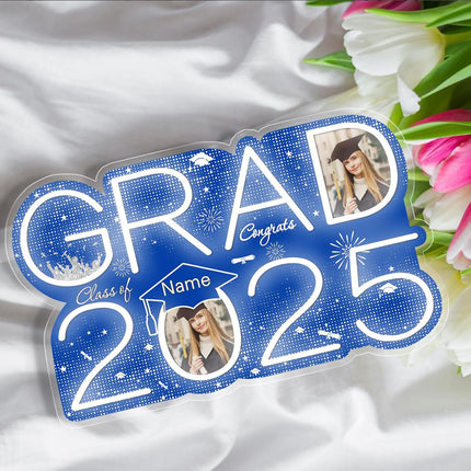 UUBAO Personalized Graduation Gift Neon Signs Congrats Grad LED Light Signs with Photo 2025 Party Backdrop Light Sign Decor (Blue and Silver)