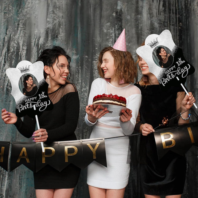 UUBAO Custom Happy Birthday Face Cutout Fans Personalized Photo Prop Signs for Birthday Party(Black and Silver)
