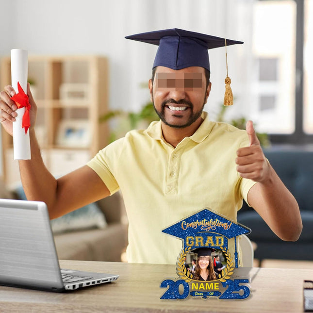 UUBAO Customized Graduation Plaque with Photo Crystal Desktop Keepsake Gift (Blue and Gold)