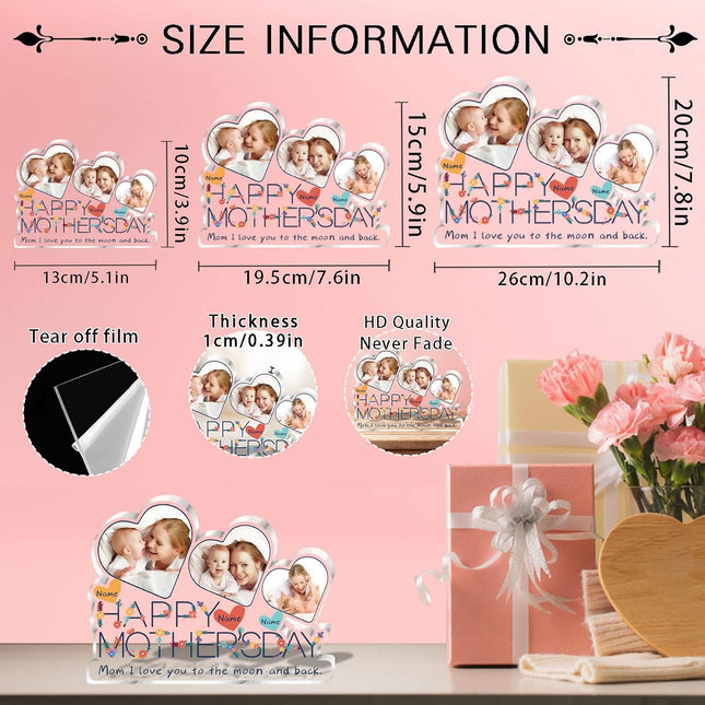 UUBAO Custom Mother’s Day Personalized Acrylic Plaque with Photos Name Gifts for Mom (Multiple Hearts)