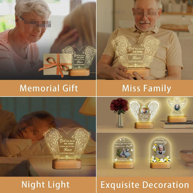 UUBAO Personalized Memorial Gift 3D Carved Night Light Customized Light Up Acrylic Plaque Lamp Sympathy Bereavement Remembrance Gift(Wings)