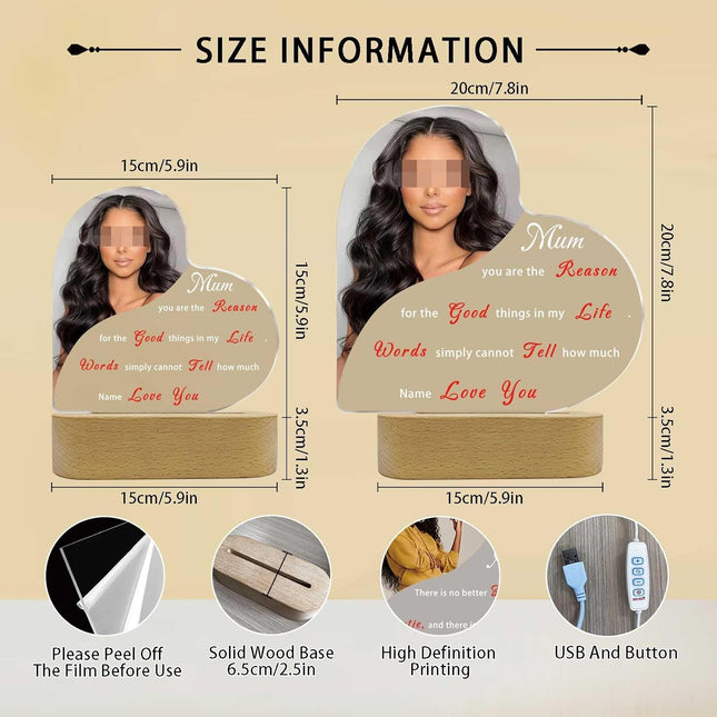 UUBAO Personalized Mother's Day Night Light Gift with Wooden Base Custom Photo Acrylic Plaque LED Night Lamp Gift for Mom