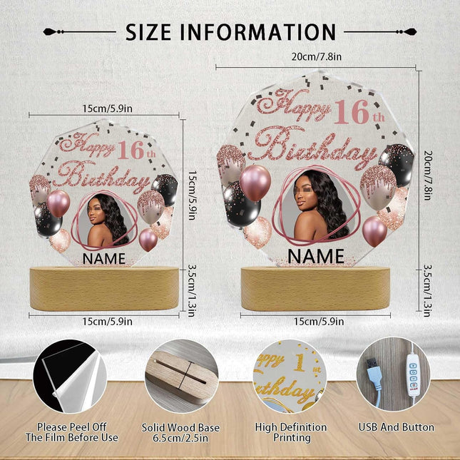 UUBAO Personalized Happy Birthday Night Light Gift with Photo Customized Acrylic Lamp for Her Mom Daughter Grandma Nana(Rose Gold Pink)