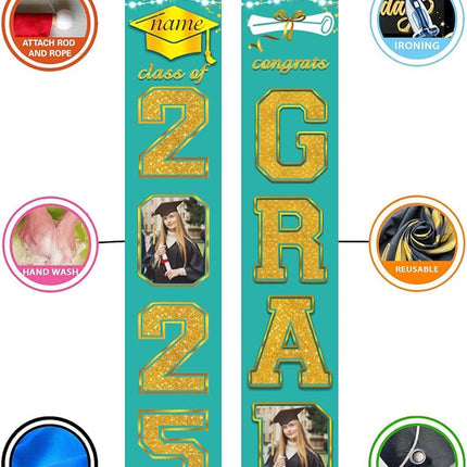 UUBAO Custom Graduation Party Decorations 2025 Personalization Congrats Grad Banner Graduation Front Door Porch Sign Backdrop(Peacock Blue and Gold)