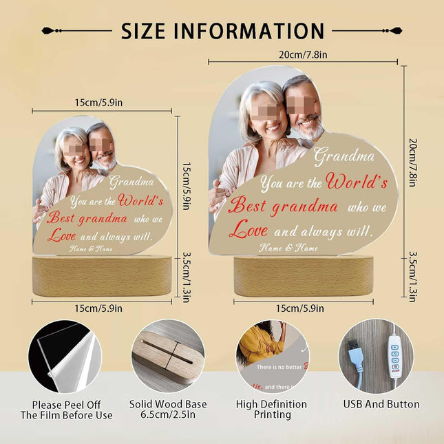 UUBAO Personalized Mother's Day Night Light Gift with Wooden Base Custom Photo Acrylic Plaque LED Night Lamp Gift for Grandma