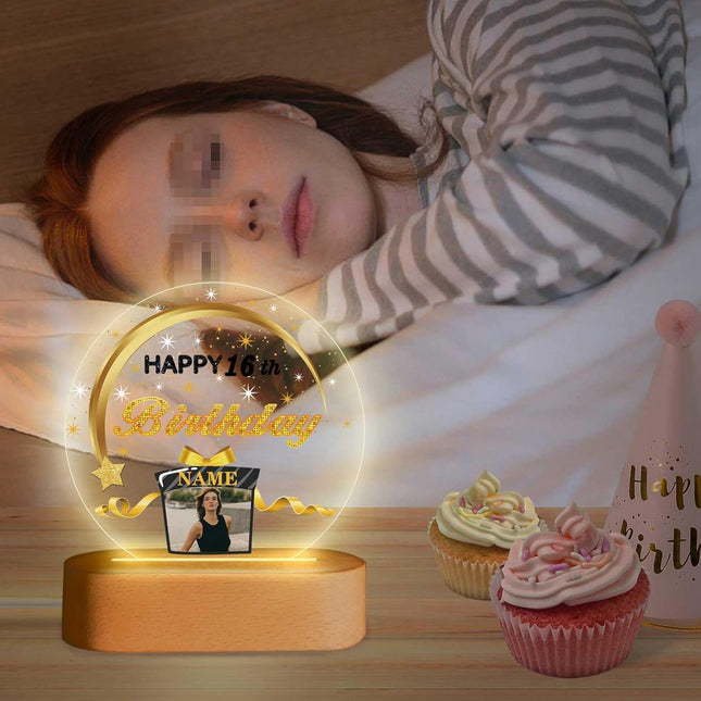UUBAO Personalized Happy Birthday Night Light Gift with Photo Customized Acrylic Lamp for Her Mom Daughter Grandma Nana(Black and Gold)