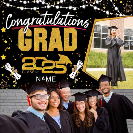 UUBAO Custom Graduation Party Decorations Personalization Banner Class of 2025 Backdrop (Black and Gold)