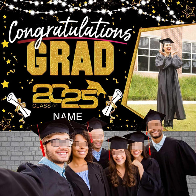 UUBAO Custom Graduation Party Decorations Personalization Banner Class of 2025 Backdrop (Black and Gold)