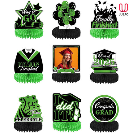 UUBAO 9 PCS Custom Graduation Party Honeycomb Centerpieces Class of 2025 Congrats Grad Decorations Congratulate Graduation Table Toppers for Graduation Party Favor Supplies (Light Green)