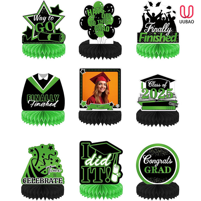 UUBAO 9 PCS Custom Graduation Party Honeycomb Centerpieces Class of 2025 Congrats Grad Decorations Congratulate Graduation Table Toppers for Graduation Party Favor Supplies (Light Green)