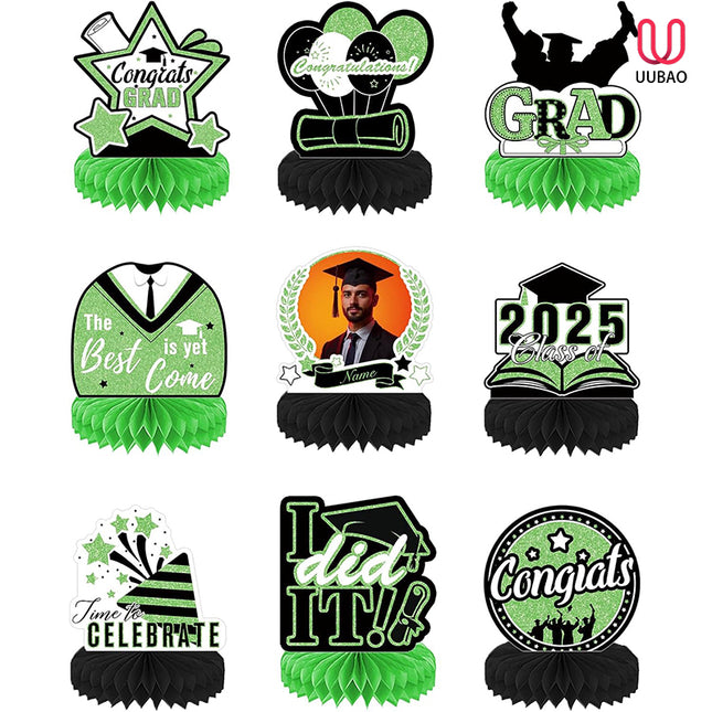 UUBAO 9 PCS Custom Graduation Party Honeycomb Centerpieces Class of 2025 Congrats Grad Decorations Congratulate Graduation Table Toppers for Graduation Party Favor Supplies (Light Green)