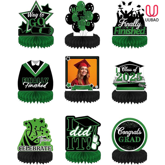 UUBAO 9 PCS Custom Graduation Party Honeycomb Centerpieces Class of 2025 Congrats Grad Decorations Congratulate Graduation Table Toppers for Graduation Party Favor Supplies (Dark Green)