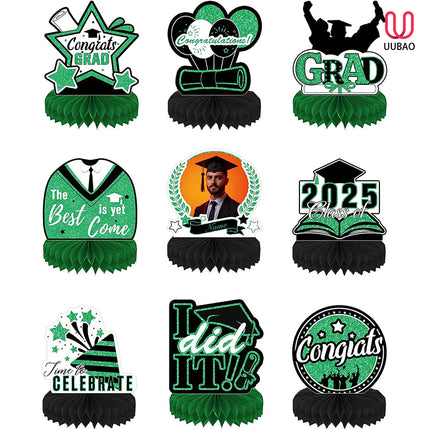 UUBAO 9 PCS Custom Graduation Party Honeycomb Centerpieces Class of 2025 Congrats Grad Decorations Congratulate Graduation Table Toppers for Graduation Party Favor Supplies (Dark Green)