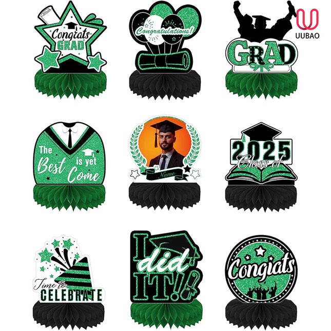 UUBAO 9 PCS Custom Graduation Party Honeycomb Centerpieces Class of 2025 Congrats Grad Decorations Congratulate Graduation Table Toppers for Graduation Party Favor Supplies (Dark Green)