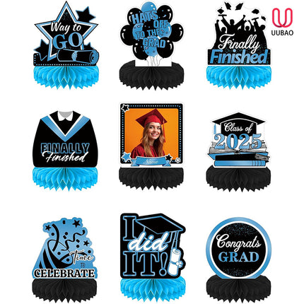 UUBAO 9 PCS Custom Graduation Party Honeycomb Centerpieces Class of 2025 Congrats Grad Decorations Congratulate Graduation Table Toppers for Graduation Party Favor Supplies (Sky Blue)