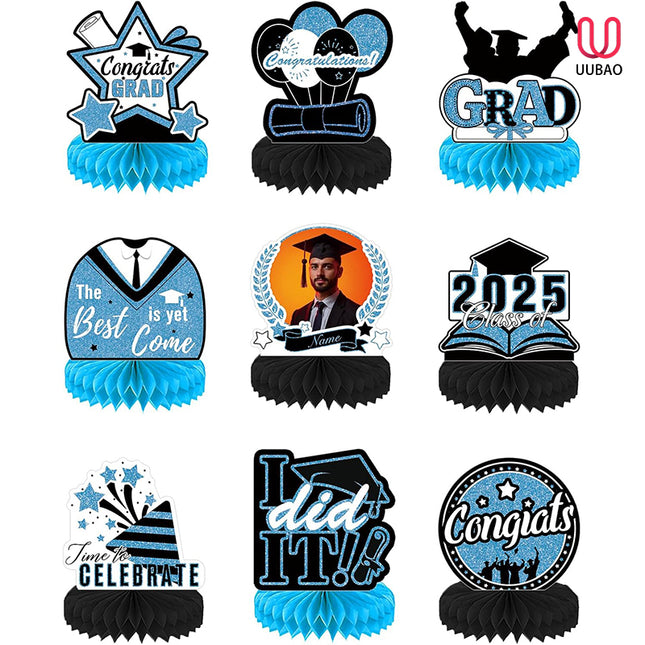 UUBAO 9 PCS Custom Graduation Party Honeycomb Centerpieces Class of 2025 Congrats Grad Decorations Congratulate Graduation Table Toppers for Graduation Party Favor Supplies (Sky Blue)