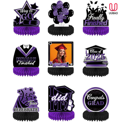 UUBAO 9 PCS Custom Graduation Party Honeycomb Centerpieces Class of 2025 Congrats Grad Decorations Congratulate Graduation Table Toppers for Graduation Party Favor Supplies (Purple)