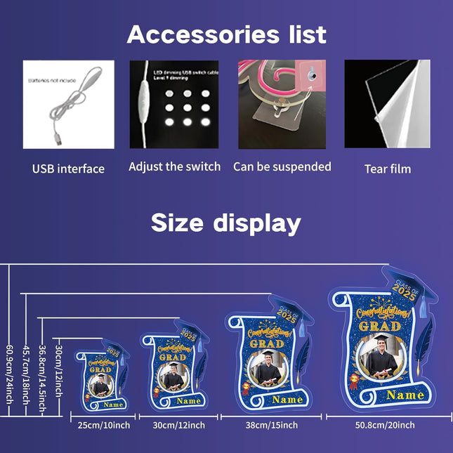 UUBAO Custom Graduation Gift LED Neon Signs Class of 2025 Personalized Photo Congrats Grad USB Powered (Blue and Gold)