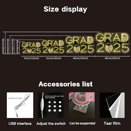 UUBAO Personalized Graduation Gift Neon Signs Congrats Grad LED Light Signs with Photo 2025 Party Backdrop Light Sign Decor (Black and Gold)