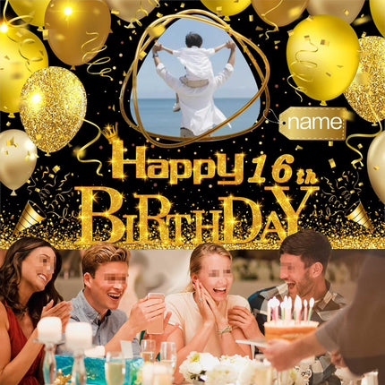 UUBAO Custom Black Gold Theme Birthday Banner for Party Happy Birthday Backdrop Decoration Personalized with Name and Photo