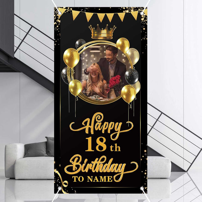 UUBAO Custom Happy Birthday Door Banner Backdrop Birthday Decorations Party Supplies for Women Men(Black and Gold)