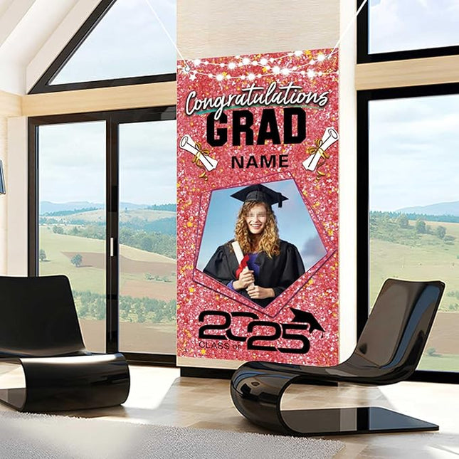 UUBAO Custom Graduation Party Decorations Personalization Banner Class of 2025 Backdrop Door Cover (Pink)
