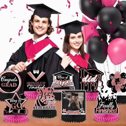 UUBAO 9 PCS Custom Graduation Party Honeycomb Centerpieces Class of 2025 Congrats Grad Decorations Congratulate Graduation Table Toppers for Graduation Party Favor Supplies (Pink)