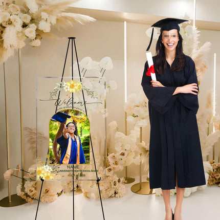 UUBAO Customized Welcome Sign for Graduation Party Personalized Acrylic Sign with Photo Name Class of 2025 Graduation Decor(Yellow Flower)