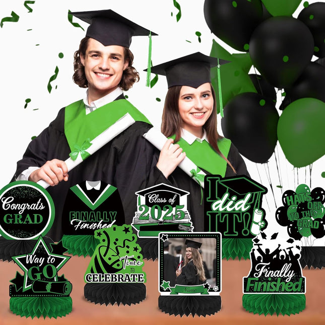 UUBAO 9 PCS Custom Graduation Party Honeycomb Centerpieces Class of 2025 Congrats Grad Decorations Congratulate Graduation Table Toppers for Graduation Party Favor Supplies (Dark Green)