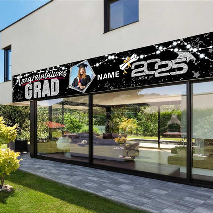 UUBAO Custom Graduation Party Decorations 2025 Personalization Congrats Grad Banner Graduation Backdrop(Black and Silver)