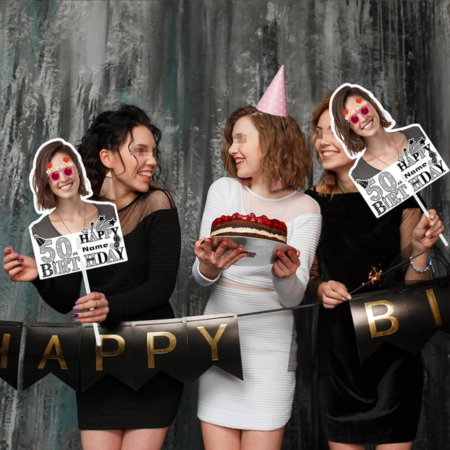 UUBAO Custom Happy Birthday Face Cutout Fans Personalized Photo Prop Signs for Birthday Party(Black and Silver)