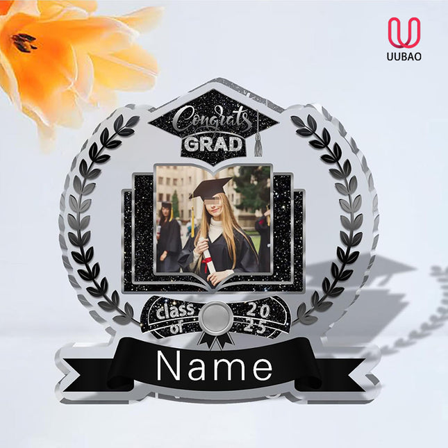 UUBAO Customized Graduation Plaque with Single Picture Custom Picture 2025 Congrats Grad Crystal Desktop Farewell Keepsake Gift (Black and Silver)