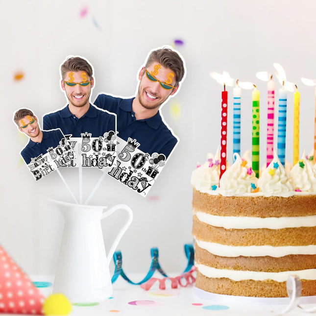 UUBAO Personalized Double Sided Happy Birthday Photo Prop Face Fan Customized Birthday Fun Supplies(Black and Silver)