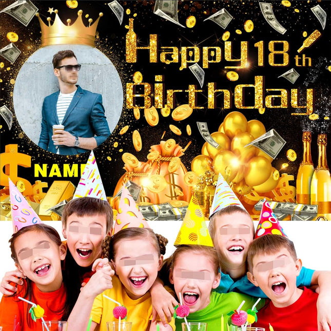 UUBAO Custom Happy Birthday Decorations Banner Backdrop for Women Men Boys Girls Personalization Black and Gold Birthday Party Supplies