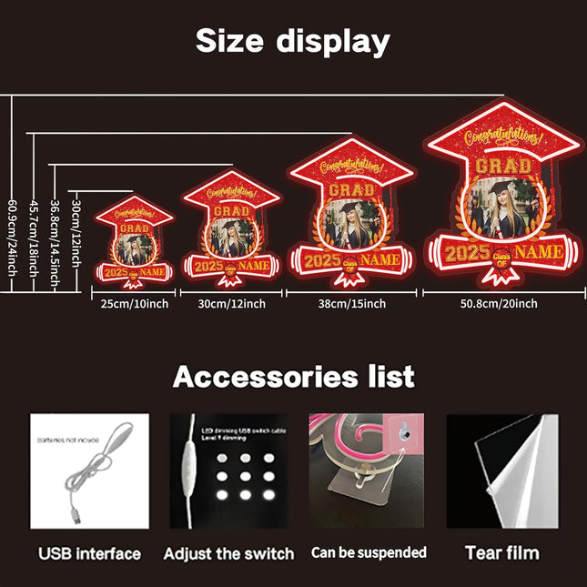 UUBAO Custom Graduation Gift LED Neon Signs Class of 2025 Personalized Photo Congrats Grad USB Powered (Red)