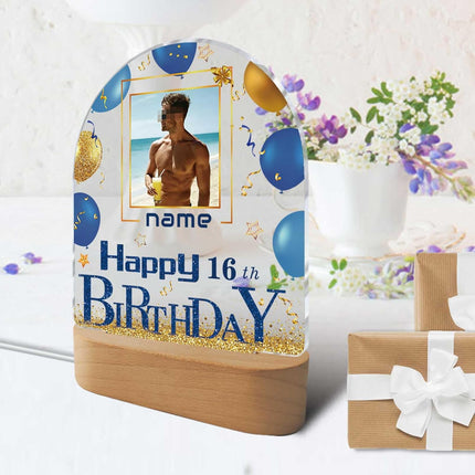 UUBAO Personalized Happy Birthday Night Light Gift with Photo Customized Acrylic Lamp for Her Mom Daughter Grandma Nana(Blue and Gold)