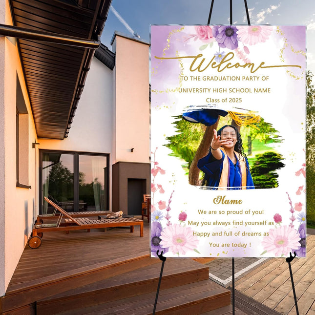 UUBAO Customized Welcome Sign for Graduation Party Personalized Acrylic Sign with Photo Name Class of 2025 Graduation Decor(Purple Flowers)
