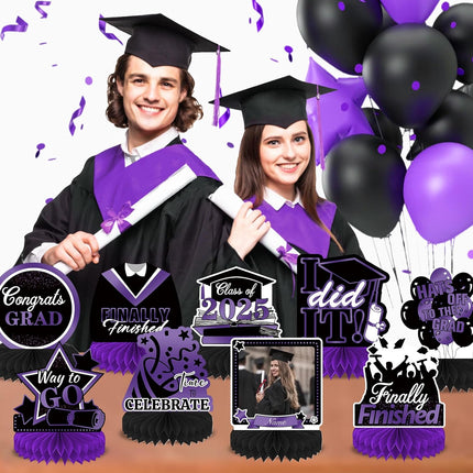 UUBAO 9 PCS Custom Graduation Party Honeycomb Centerpieces Class of 2025 Congrats Grad Decorations Congratulate Graduation Table Toppers for Graduation Party Favor Supplies (Purple)
