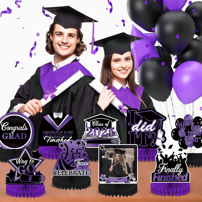 UUBAO 9 PCS Custom Graduation Party Honeycomb Centerpieces Class of 2025 Congrats Grad Decorations Congratulate Graduation Table Toppers for Graduation Party Favor Supplies (Purple)