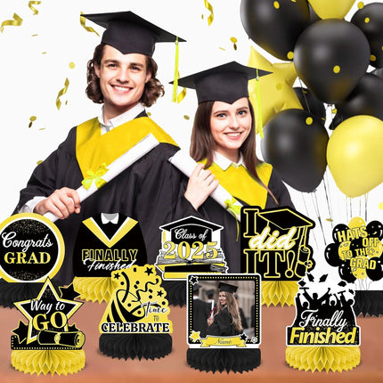 UUBAO 9 PCS Custom Graduation Party Honeycomb Centerpieces Class of 2025 Congrats Grad Decorations Congratulate Graduation Table Toppers for Graduation Party Favor Supplies (Yellow)