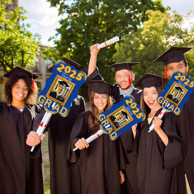 UUBAO Personalized Graduation Double Sided Face Fan Class of 2025 Customized Graduation Head Face Cutout with Handle Fun Photo Prop Supplies(Blue and Gold)