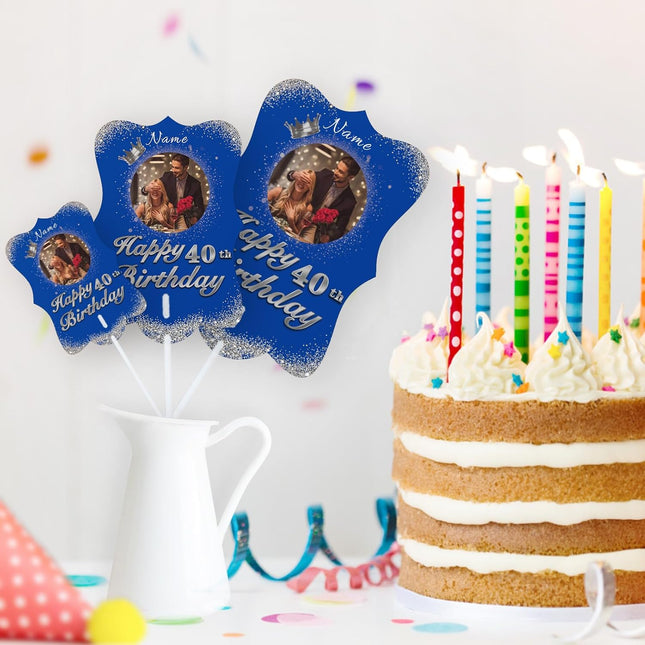 UUBAO Personalized Double Sided Happy Birthday Photo Prop Face Fan Customized Birthday Fun Supplies(Blue and Silver)