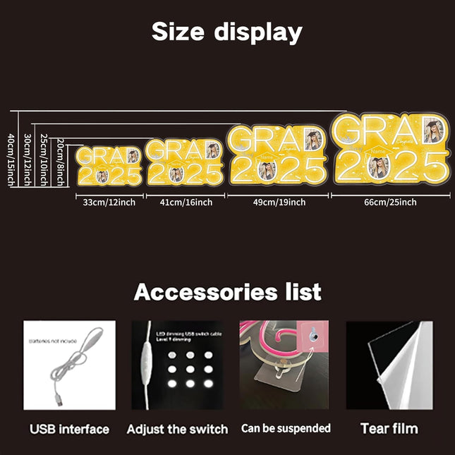 UUBAO Personalized Graduation Gift Neon Signs Congrats Grad LED Light Signs with Photo 2025 Party Backdrop Light Sign Decor (Yellow)