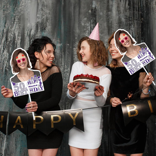 UUBAO Custom Happy Birthday Face Cutout Fans Personalized Photo Prop Signs for Birthday Party(Purple and Silver）