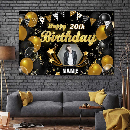 UUBAO Custom Black Gold Theme Birthday Banner for Party Happy Birthday Backdrop Decoration Personalized with Name and Photo