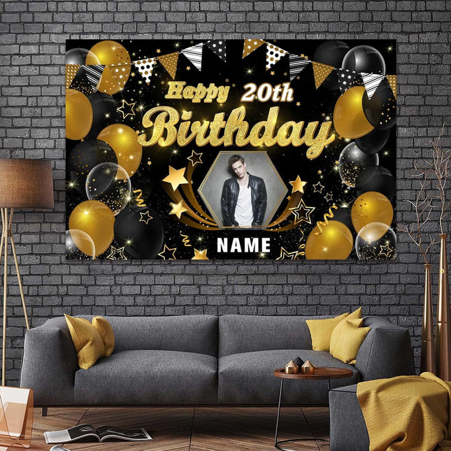 UUBAO Custom Black Gold Theme Birthday Banner for Party Happy Birthday Backdrop Decoration Personalized with Name and Photo